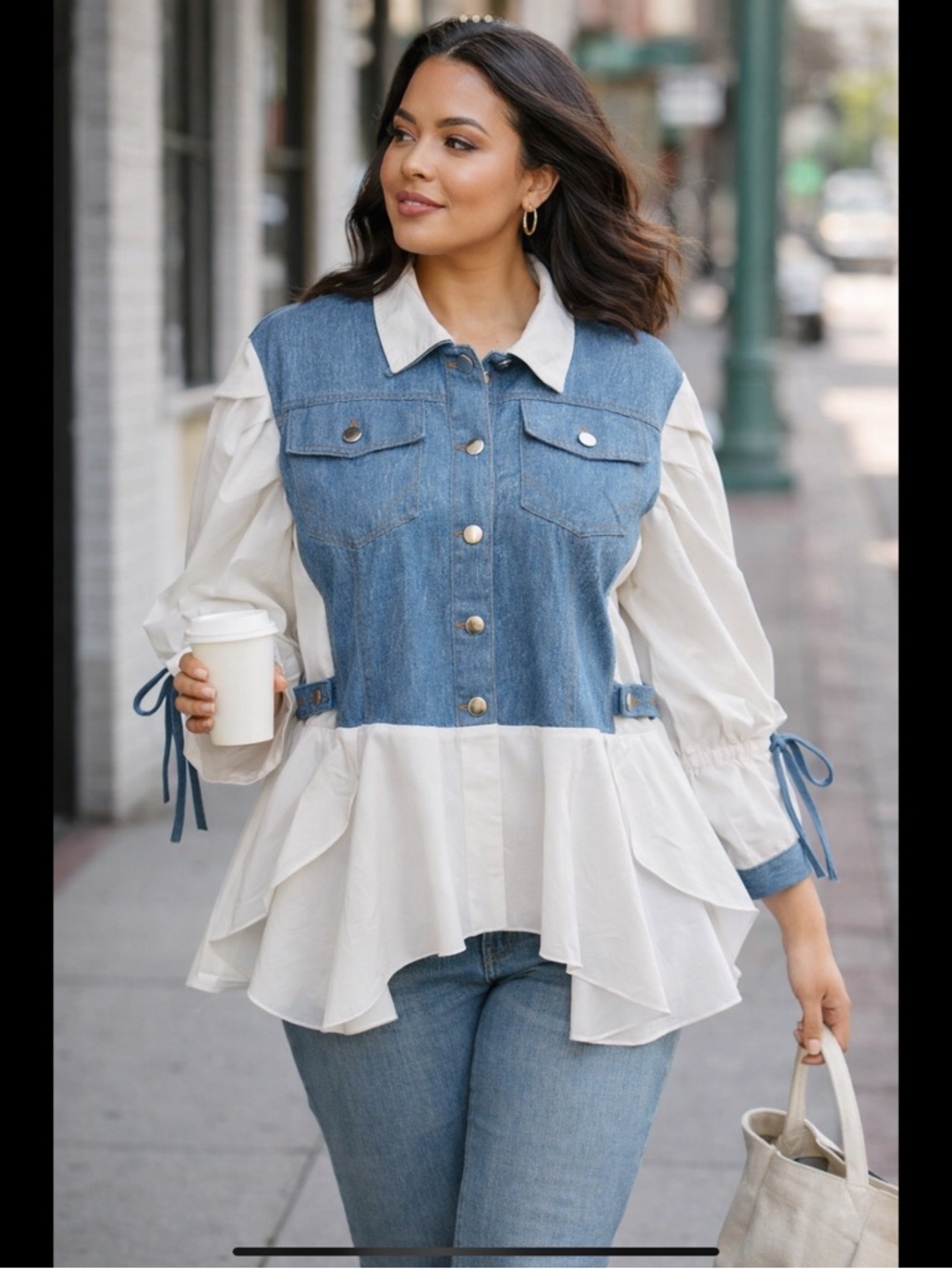 Denim Peplum Blouse 2X Color-block Puff Sleeve Tie Cuff Statement Top ILLord